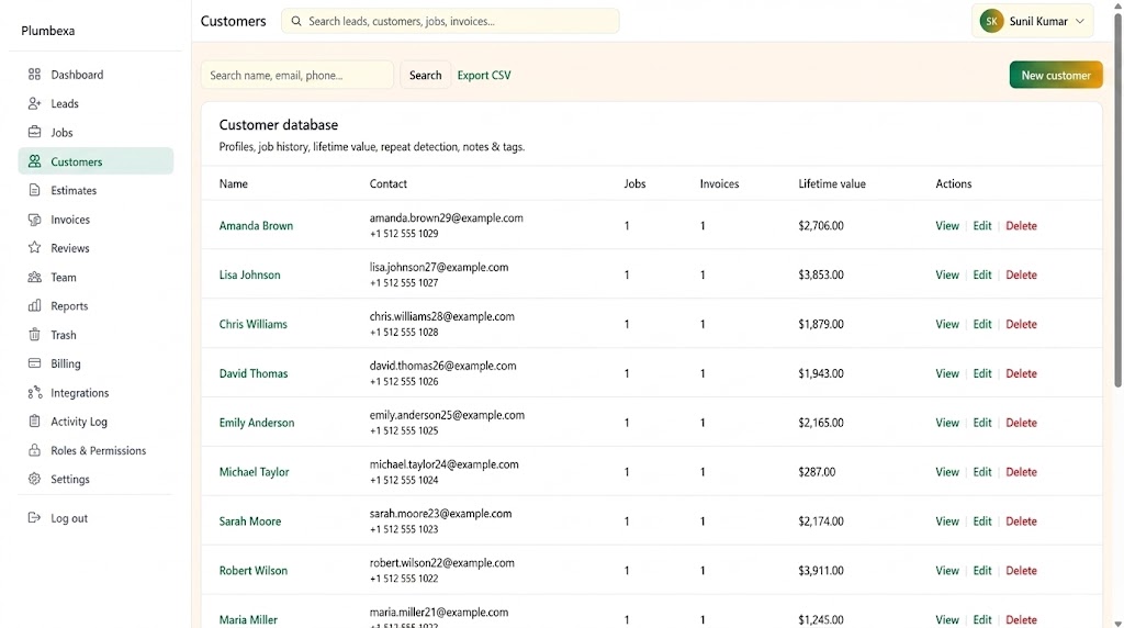 Plumbexa customer profiles with job history and contact details