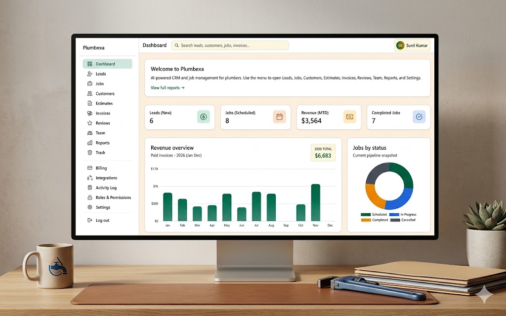 Plumbexa dashboard with leads, jobs, revenue charts and business overview
