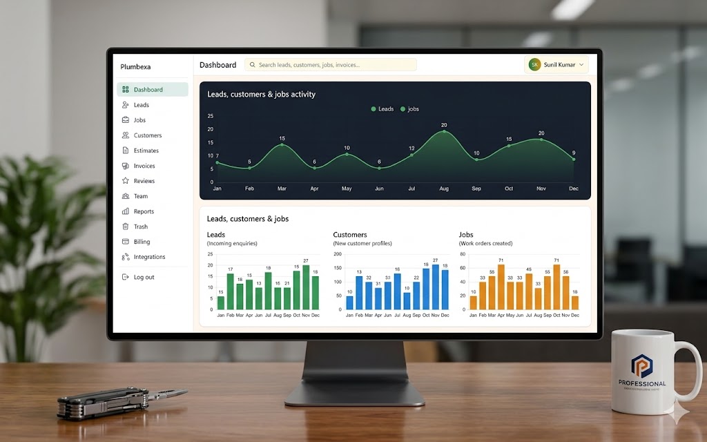 Plumbexa app dashboard with navigation for leads, jobs, customers and billing