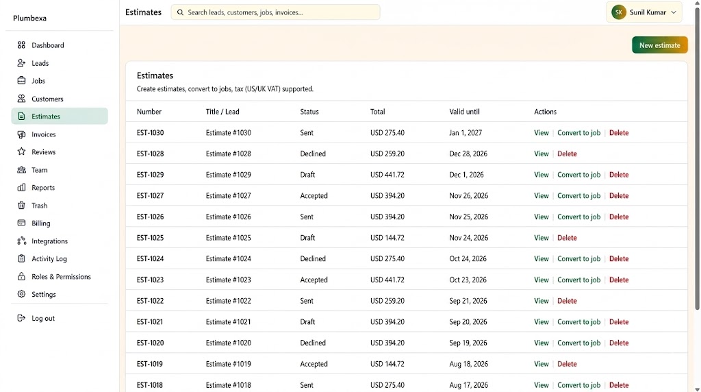 Plumbexa estimates and invoices screen with tax-ready line items