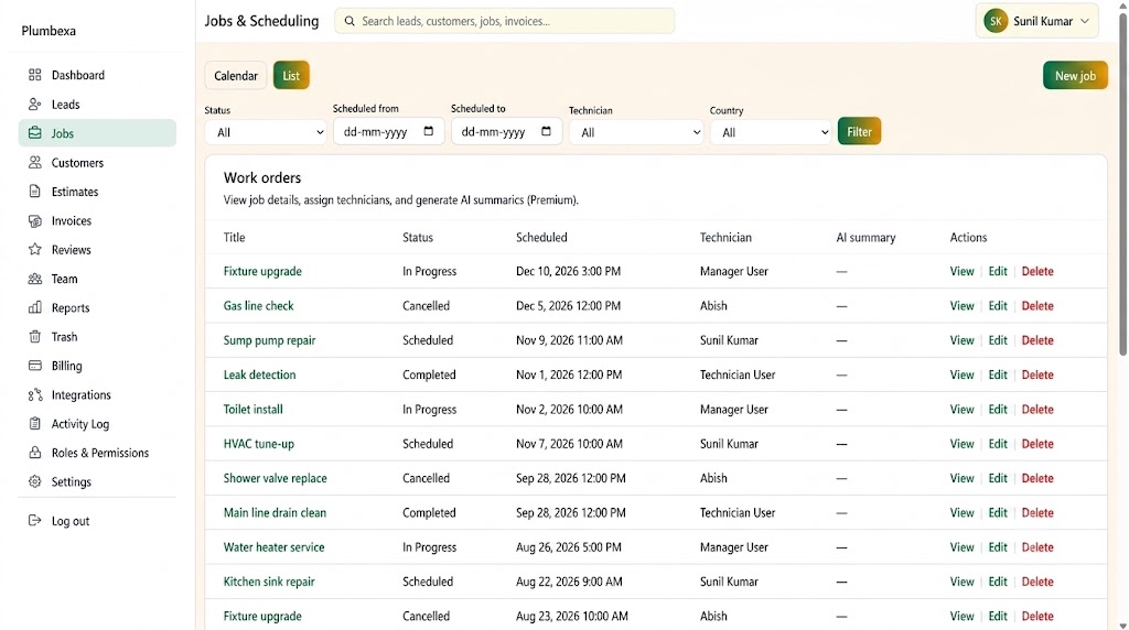 Plumbexa jobs board showing scheduled and in-progress plumbing work orders