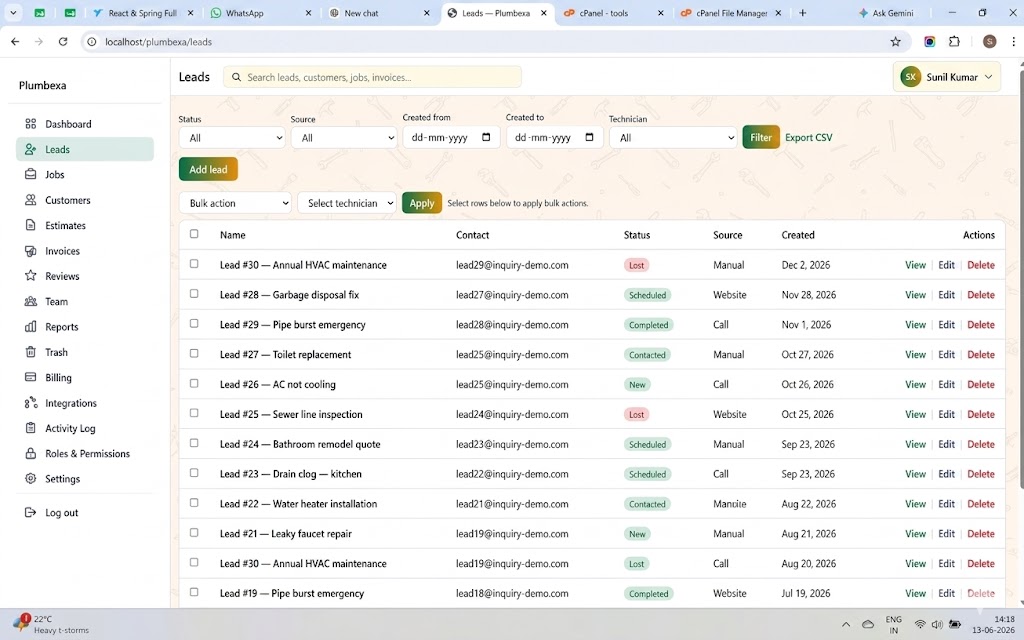 Plumbexa leads inbox for tracking new plumbing enquiries